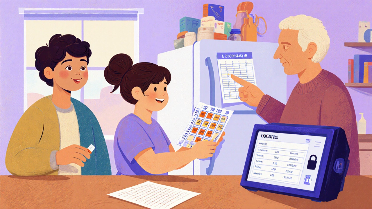 Family reviewing a medication chart at the kitchen table with a locked lockbox and labeled pill organizer.