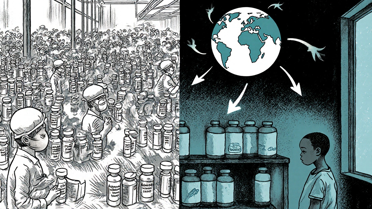Indian vaccine factory bustling on one side, empty African clinic on the other, global dose imbalance shown.