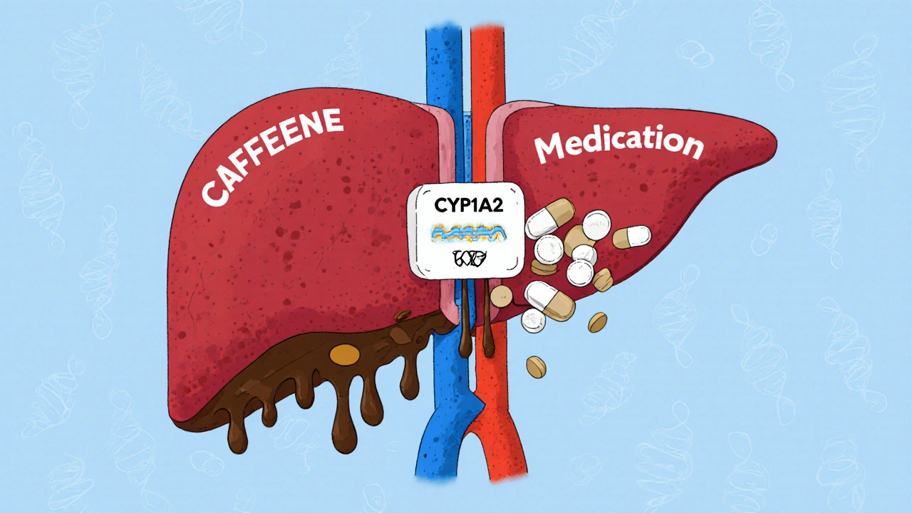 Liver with caffeine and medication streams competing for the same enzyme portal.