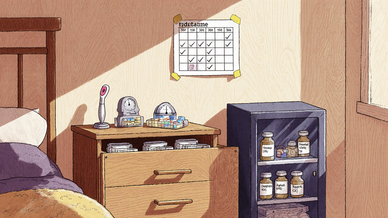 Locked bedroom drawer with labeled pills and a mini-fridge for insulin, beside a medication schedule on the wall.