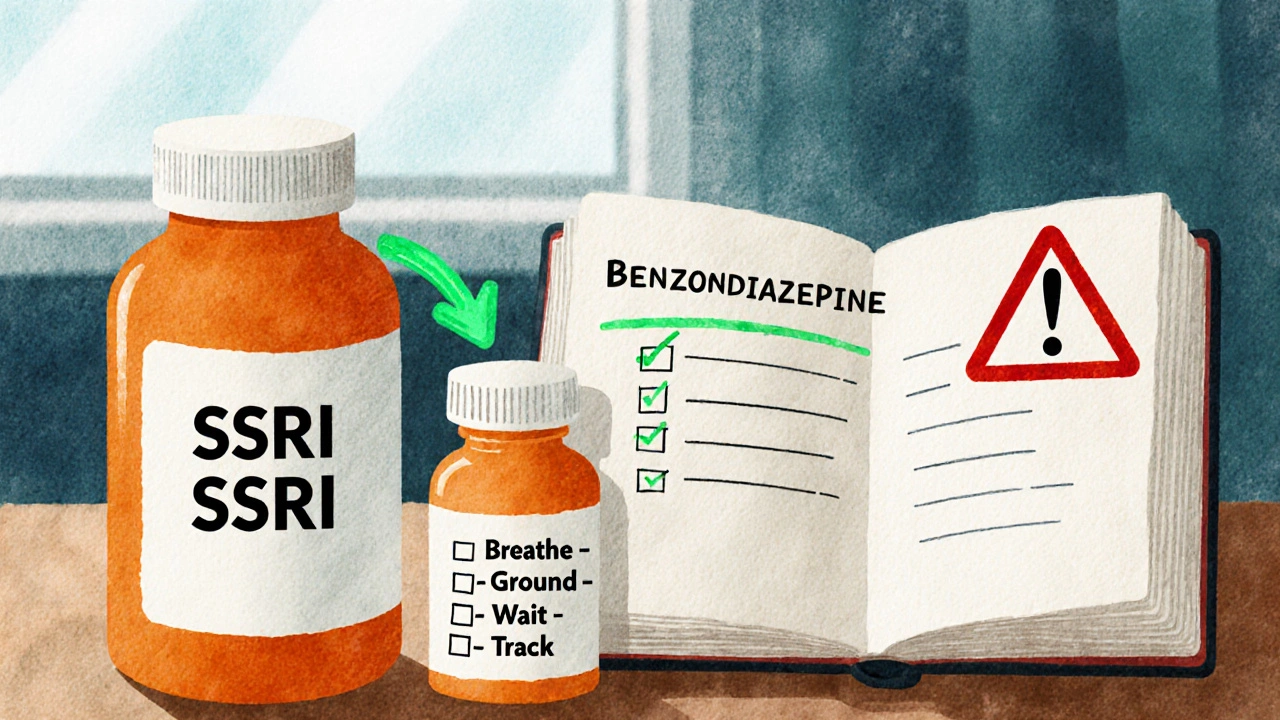 Medication bottles beside a journal with breathing and grounding checklist.