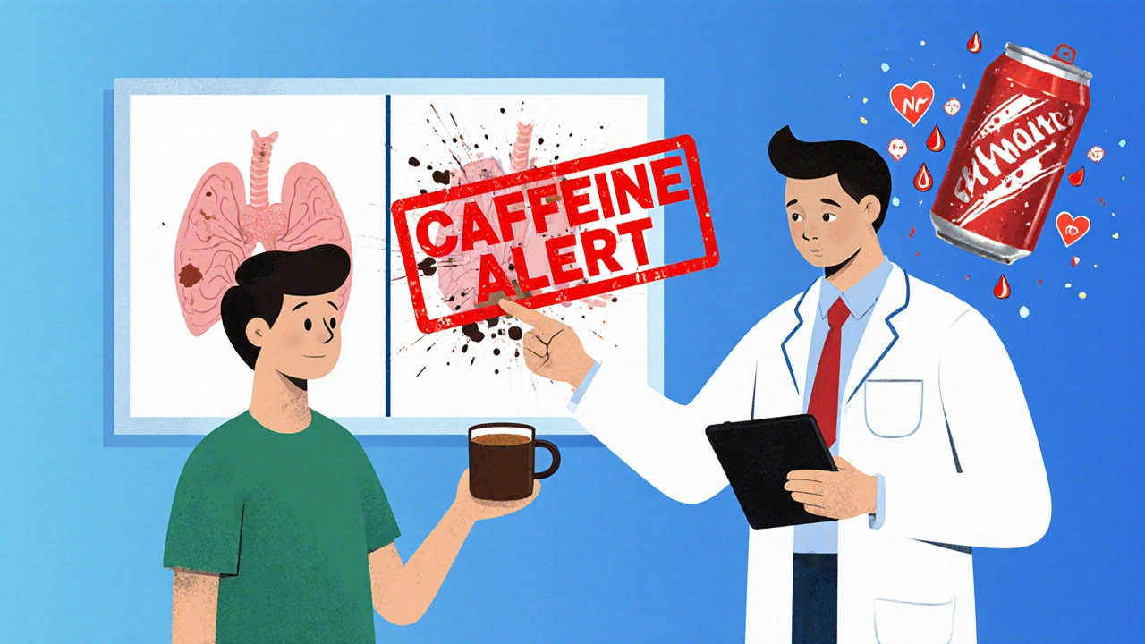 Patient and pharmacist reviewing caffeine warning on medication tablet.