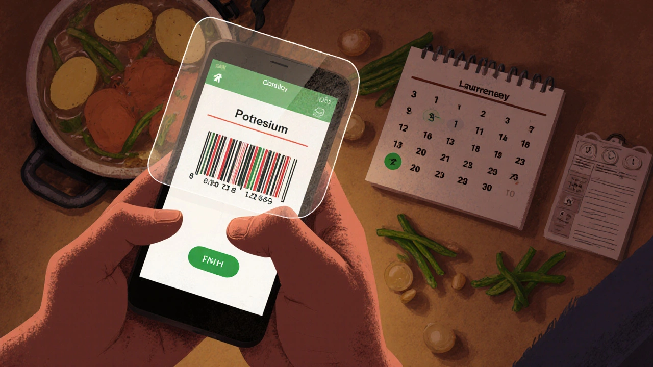 Patient scanning food with app, pharmacist reviewing medication schedule