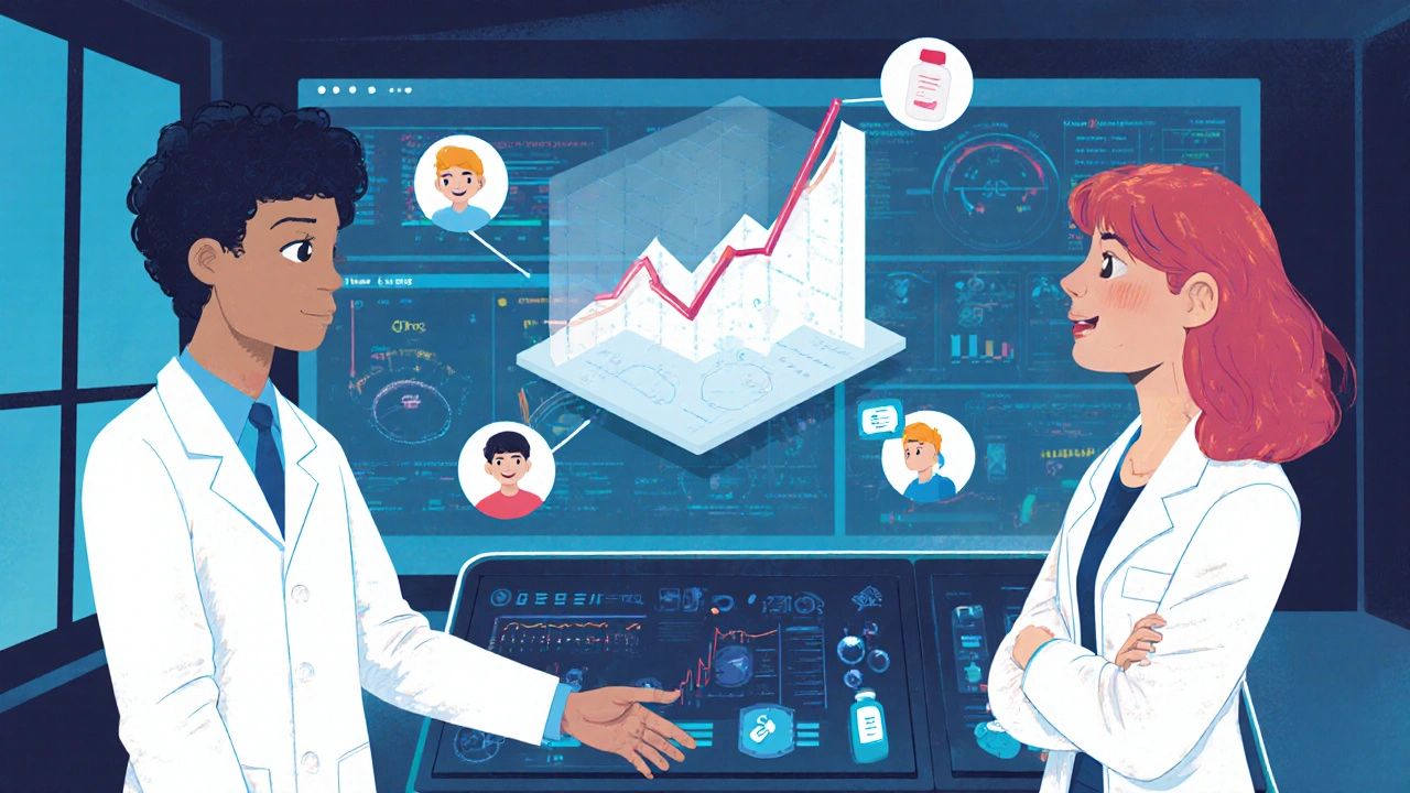 Pharmacist and data scientist monitoring real-time safety signals from multiple health data sources.