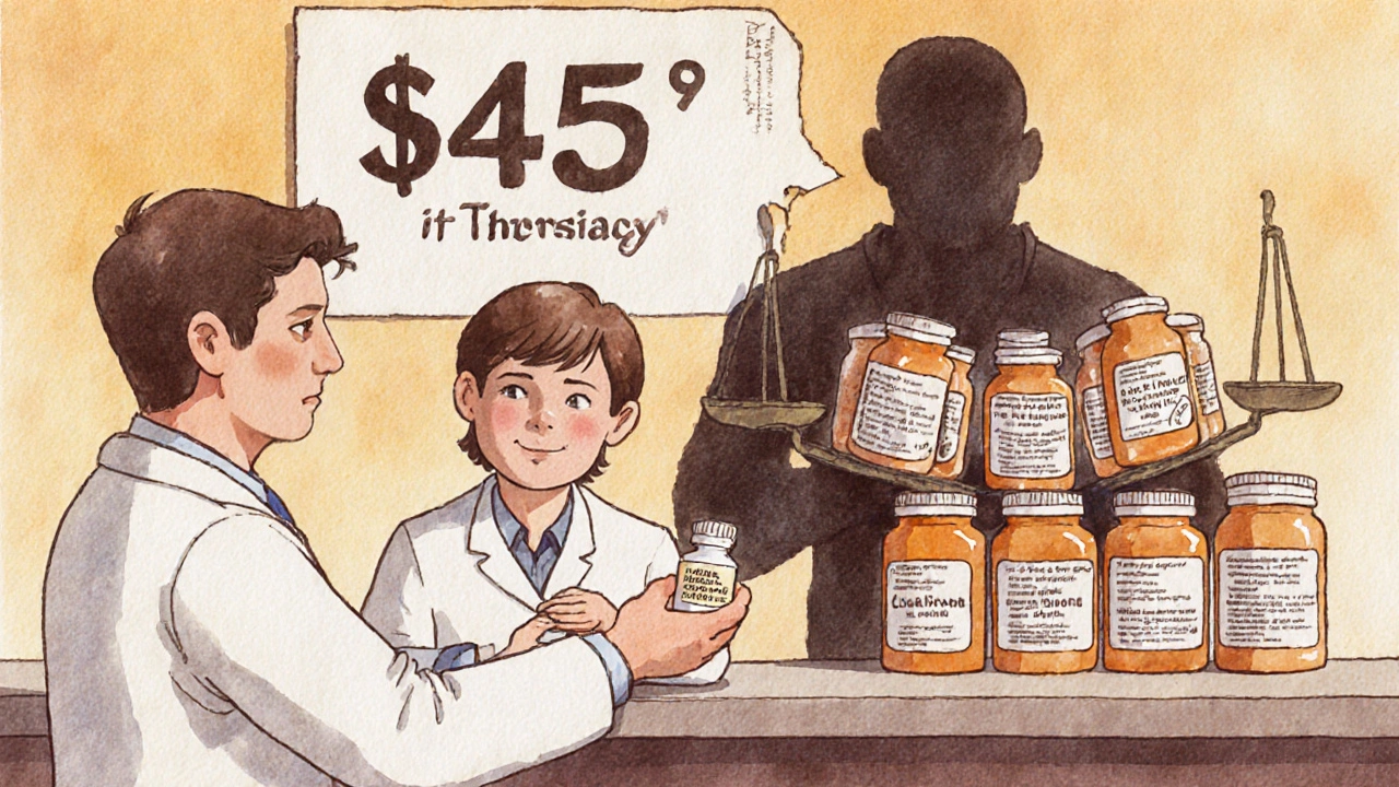 Pharmacist giving a costly generic pill to a patient in a U.S. pharmacy with a giant price tag.