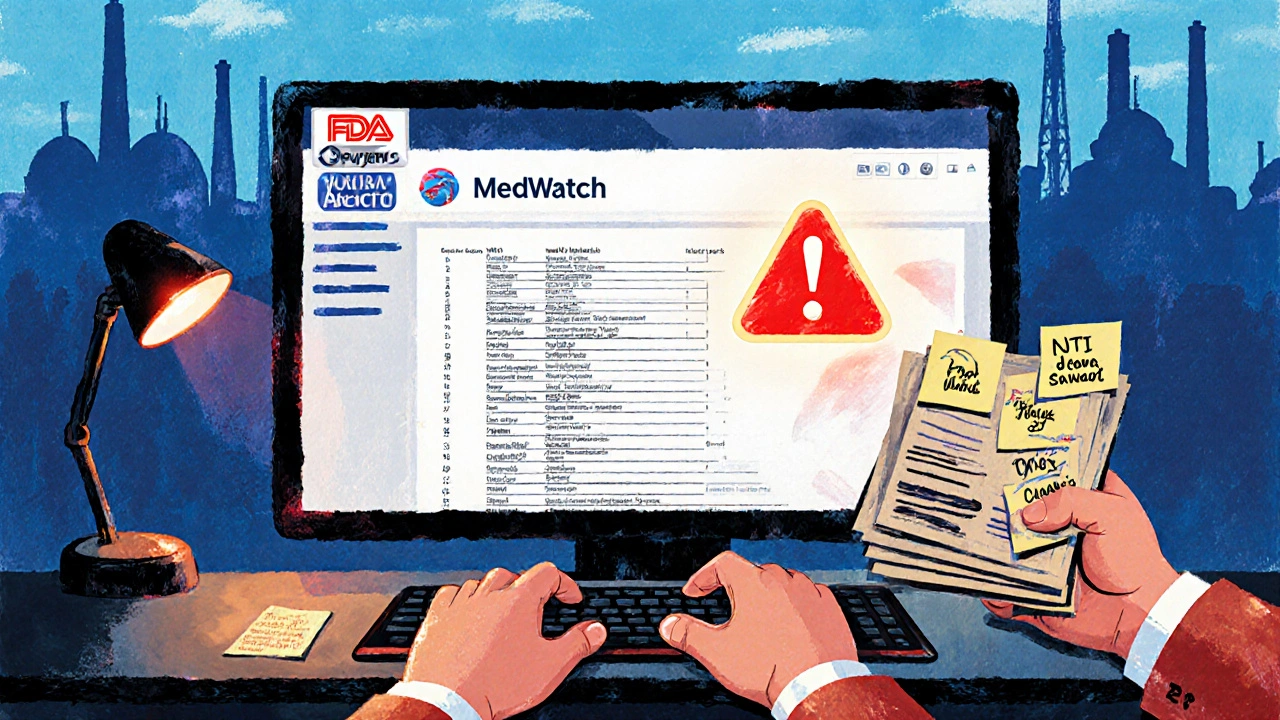 Pharmacist reporting a generic drug issue on a computer, patient files with manufacturer notes nearby, alert icon glowing.