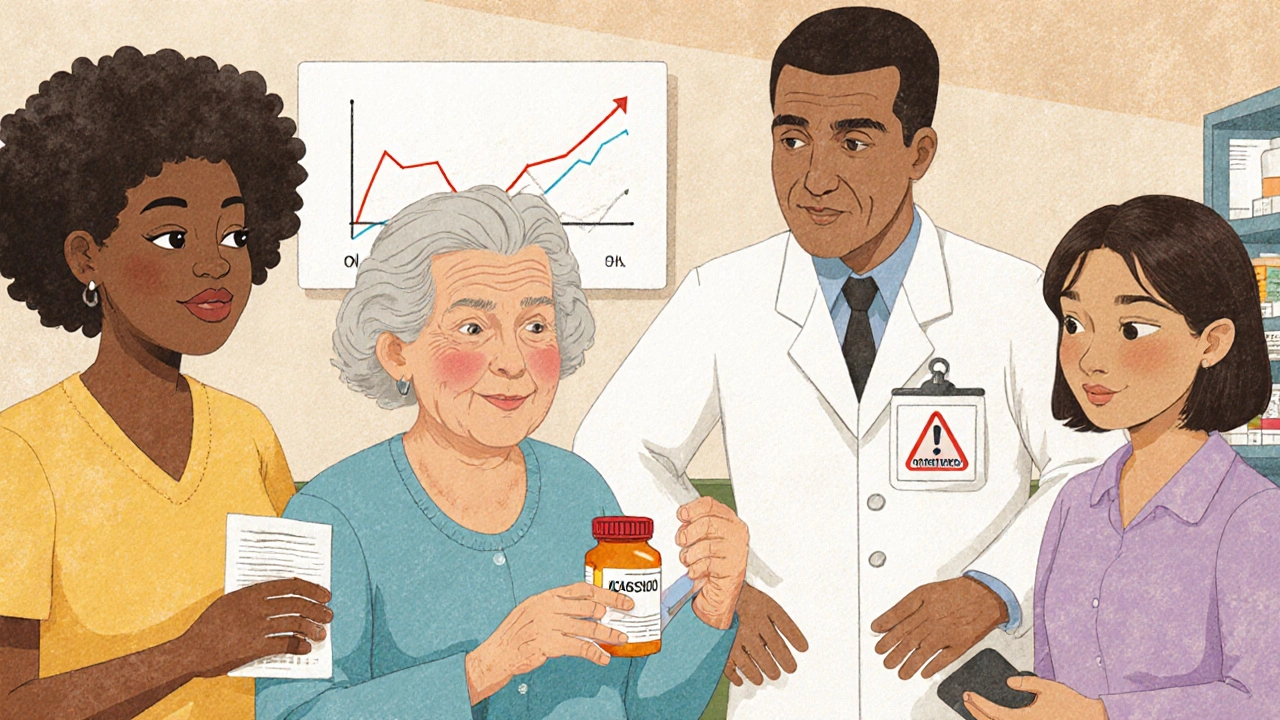 Pharmacist talking to patients in a pharmacy, one confused about a new generic pill, subtle health graph in background.