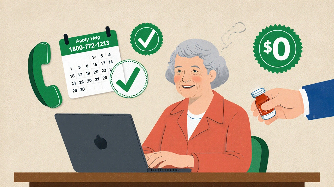 Senior woman applying for Extra Help at library with phone and calendar icons.