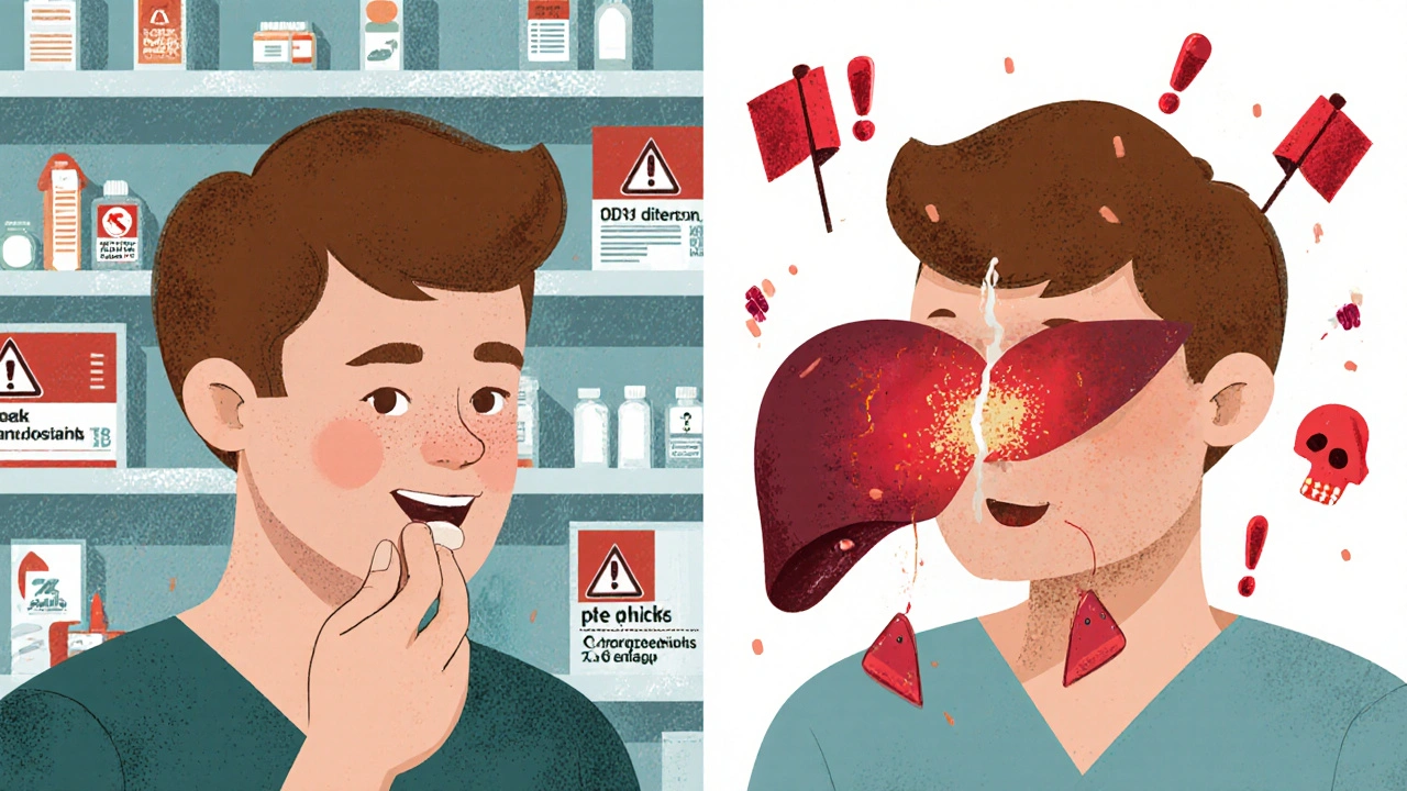 Side-by-side comparison of drug metabolism in healthy vs. diseased liver with warning symbols.