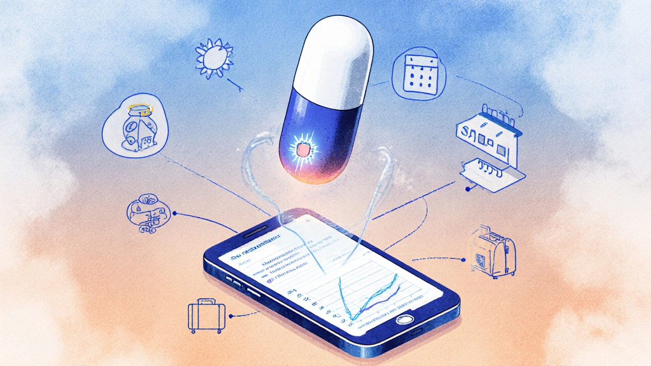Smart pill with glowing chip floating above phone showing adherence graph, connected to pharmacy, weather, and travel symbols.