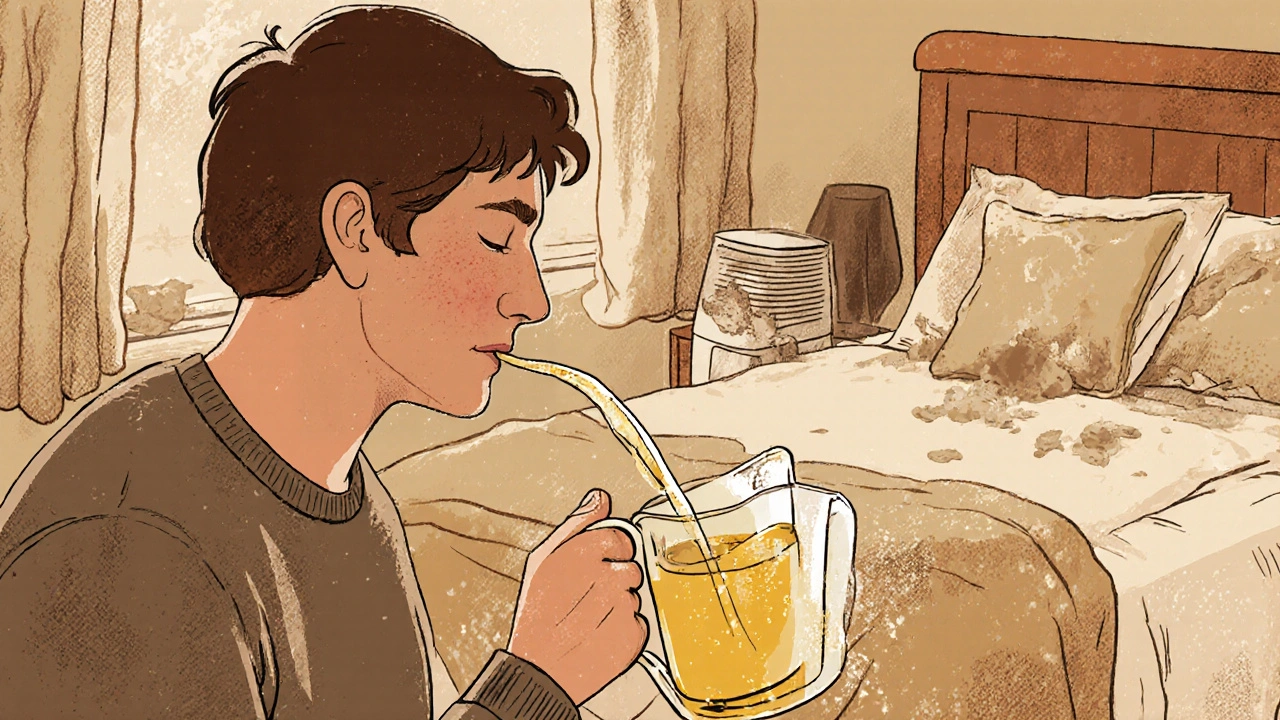 Someone using a neti pot to flush allergens from nasal passages, with dusty room in background.