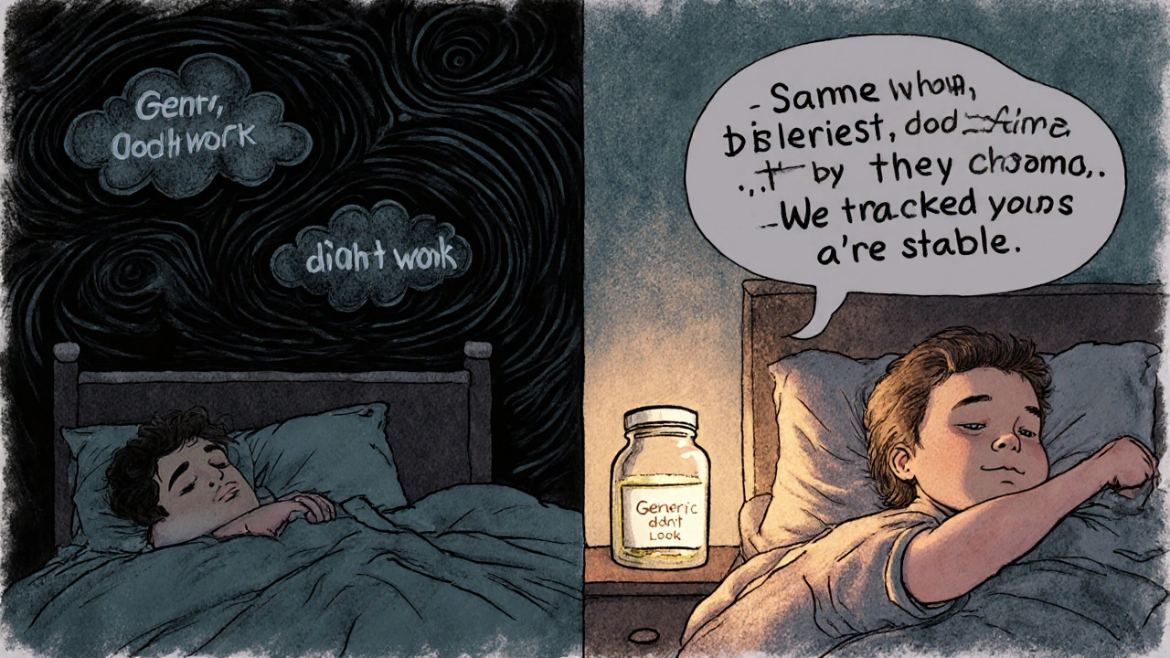 Split image: person with epilepsy fearing generic meds vs. same person sleeping peacefully with stable health data.