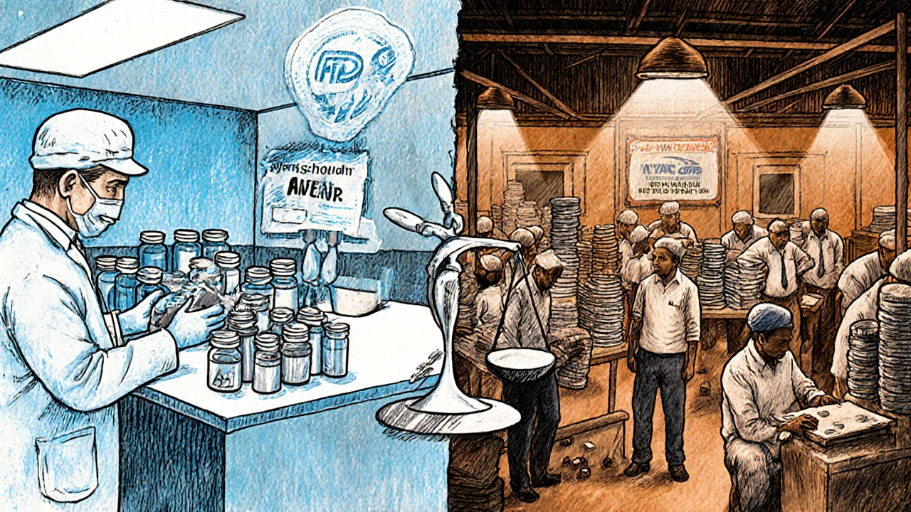 Split scene: FDA-inspected U.S. lab vs. crowded Indian generic drug factory with quality contrast.