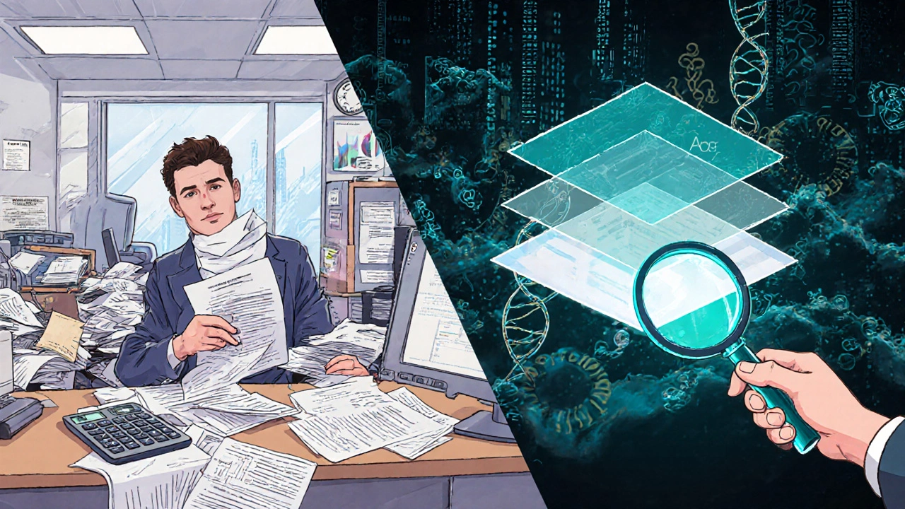 Split scene: old paper-based drug safety monitoring vs. modern AI-powered system with integrated data.
