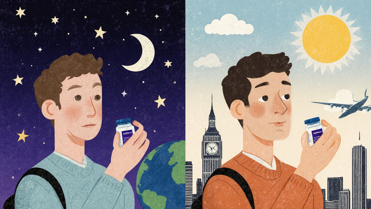 Two travelers using melatonin at different times for eastbound and westbound jet lag, illustrated with contrasting day and night scenes.