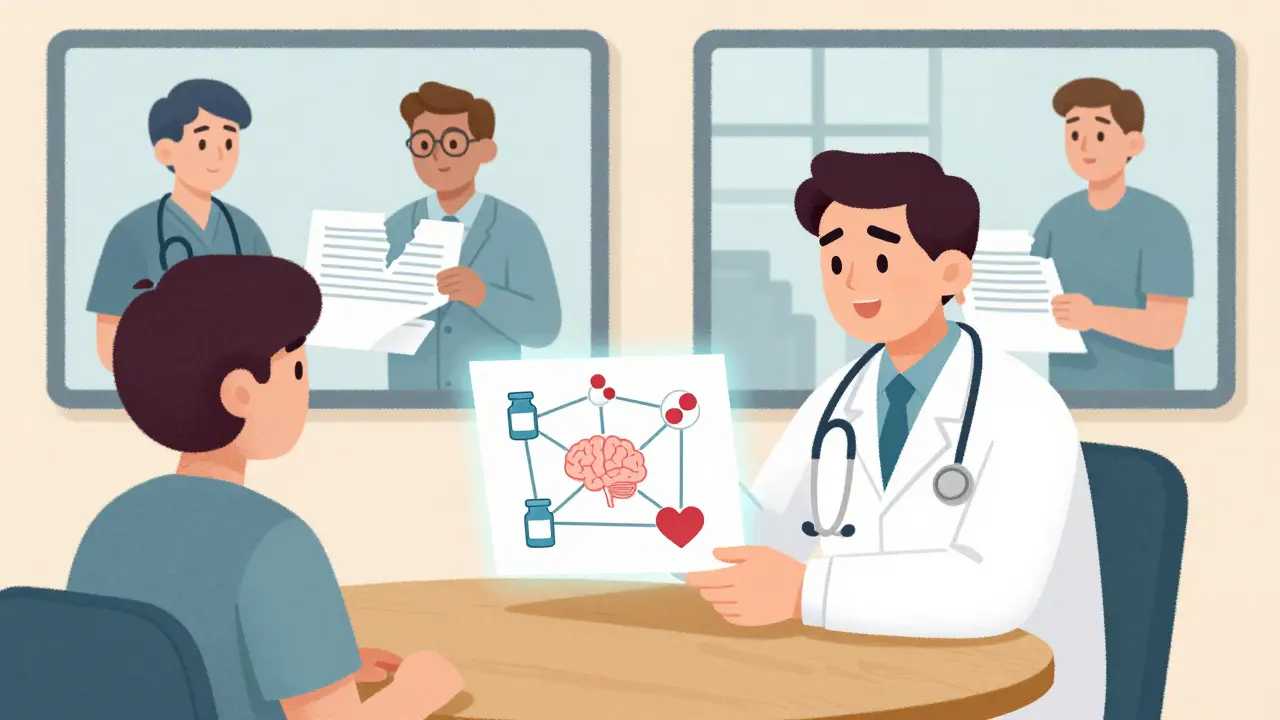 A clinician and patient sharing a unified treatment plan linking brain, bottle, pill, and heart, contrasting with disconnected staff in the background.