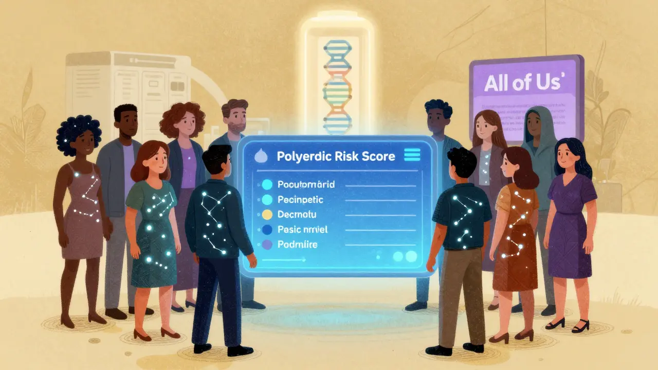 A diverse group of people with glowing genetic profiles, represented as constellations, in a futuristic medical illustration.