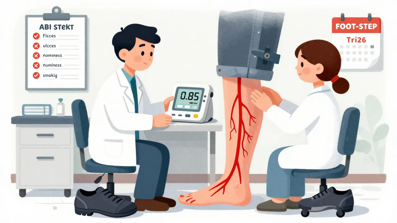 A doctor and patient reviewing an ABI test result, with visual indicators of poor foot circulation and diabetic footwear nearby.