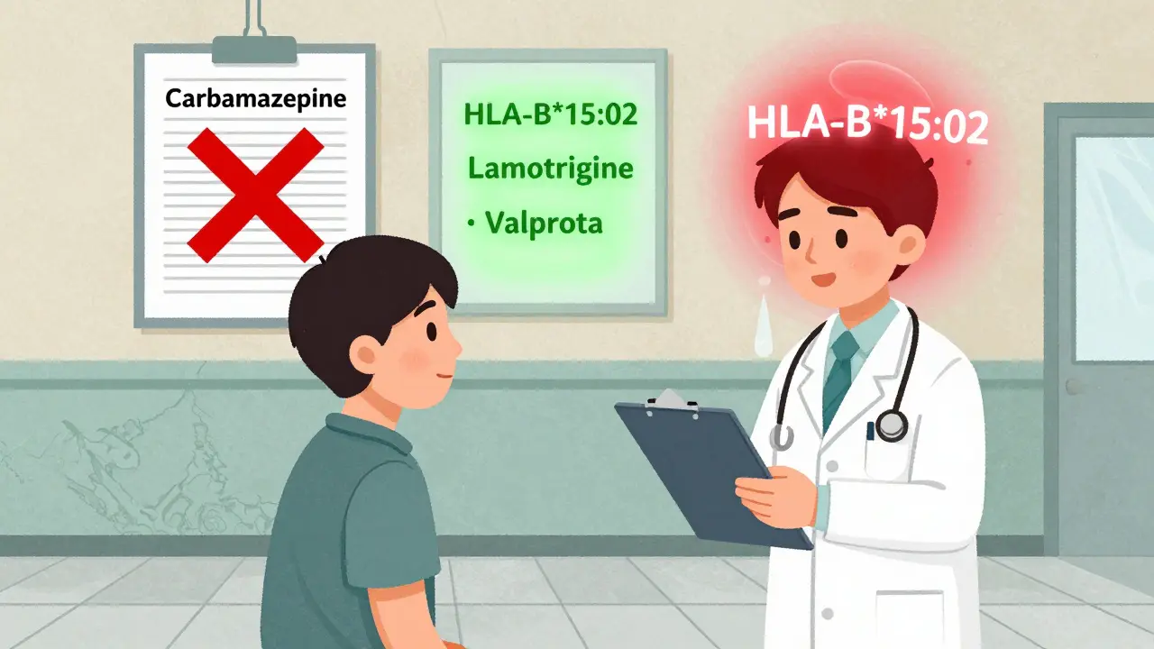 A doctor and patient with a glowing gene variant warning against a seizure medication, in textured illustration style.