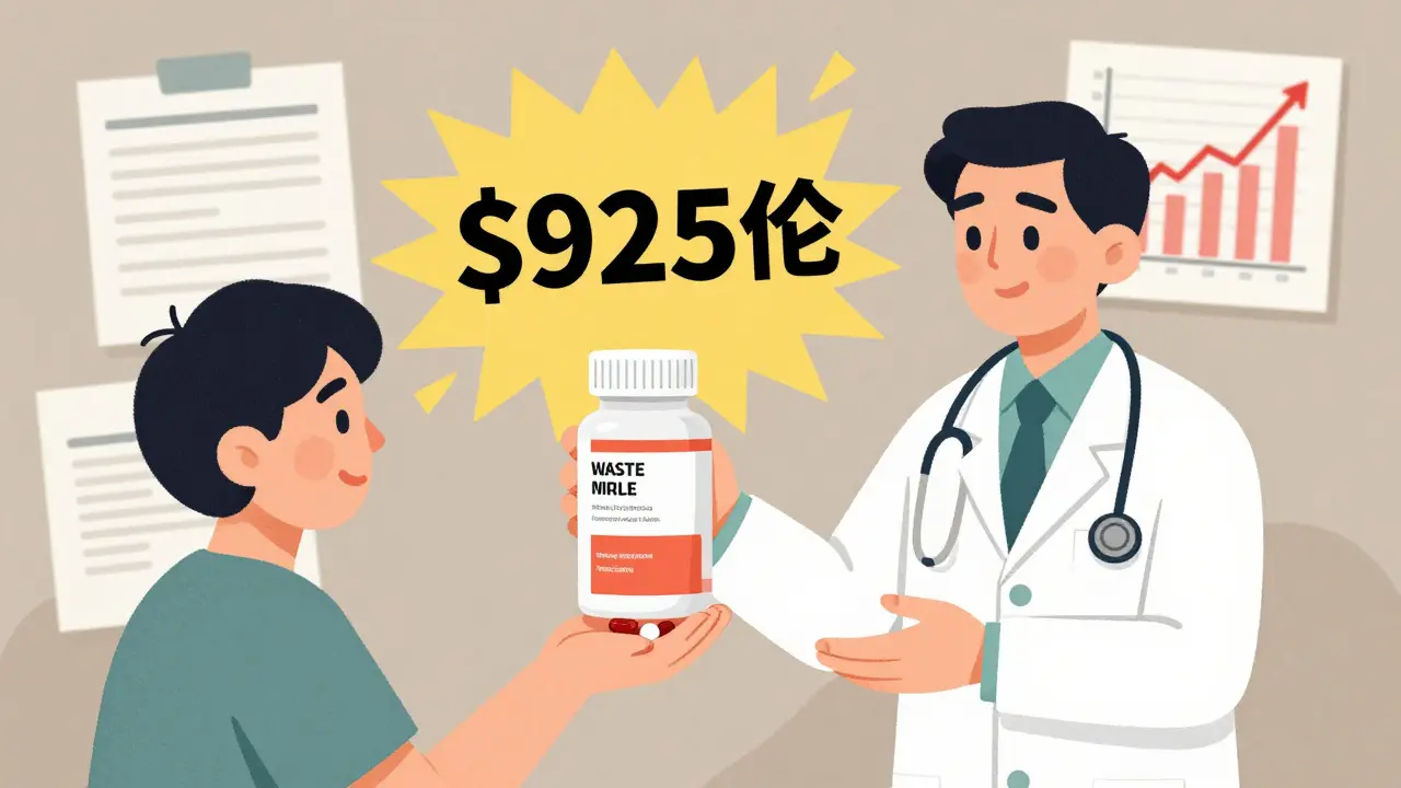 A doctor giving a patient a large pill bottle while the patient holds two small generics, with dollar signs in the background.