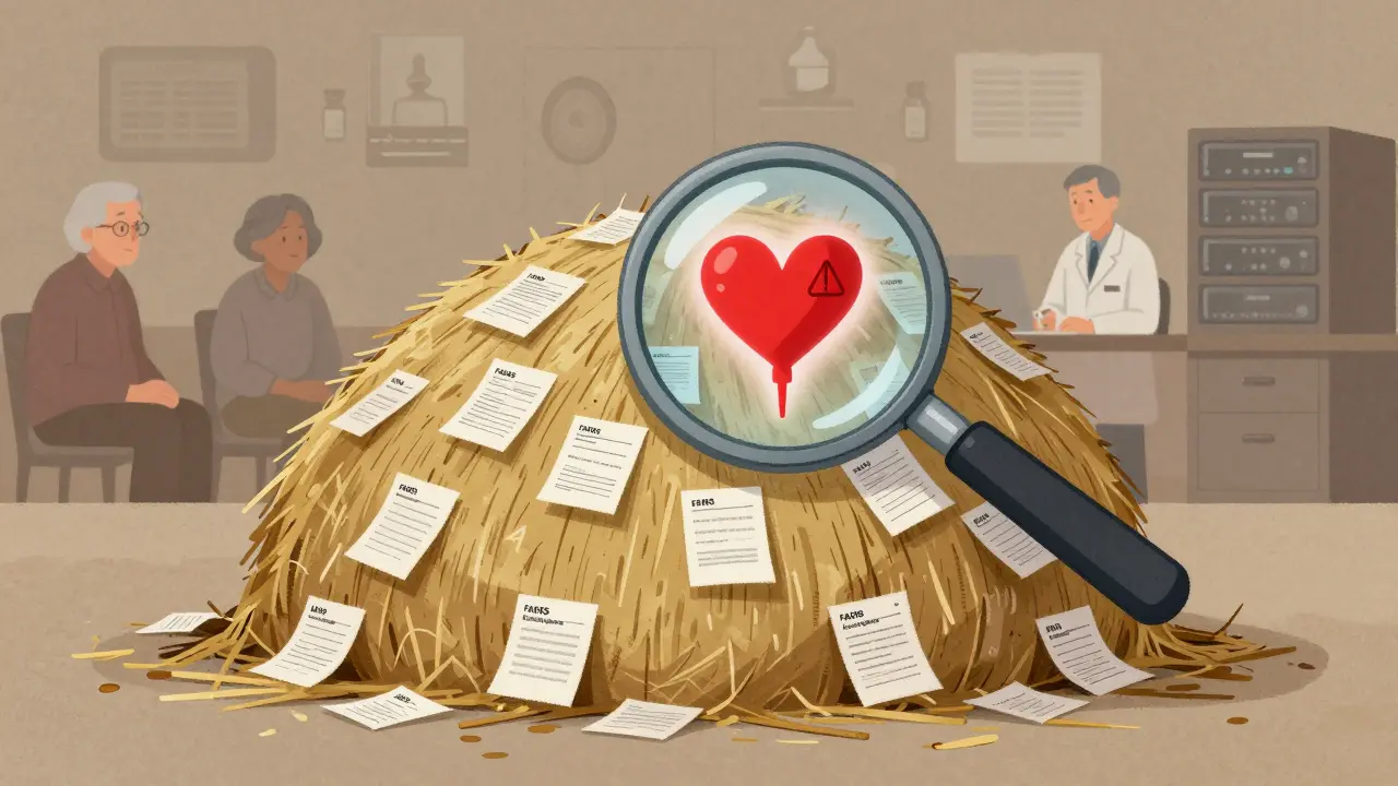 A giant haystack of medical reports with one glowing red needle representing a safety signal.