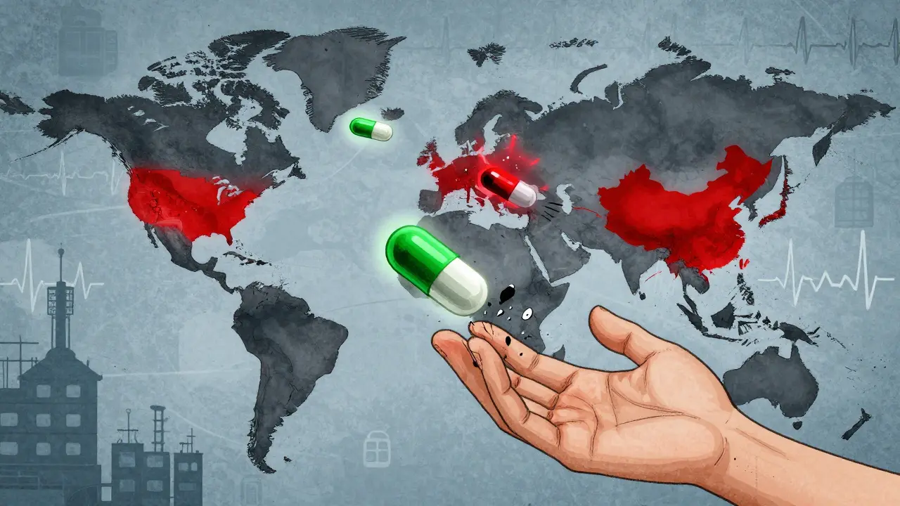 A global map with pills traveling from factories, some safe, others cracking, warning signs glowing red.