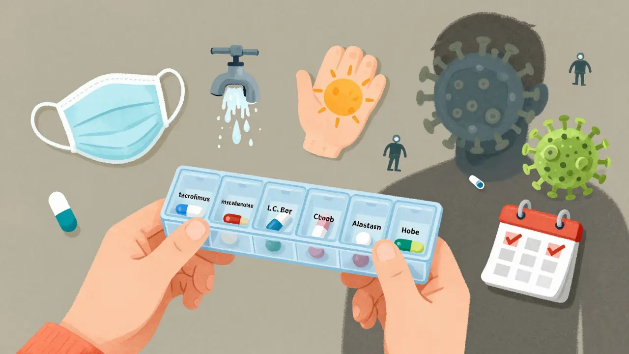 A patient with pill organizer and infection-prevention icons, blocking threats with medication molecules.