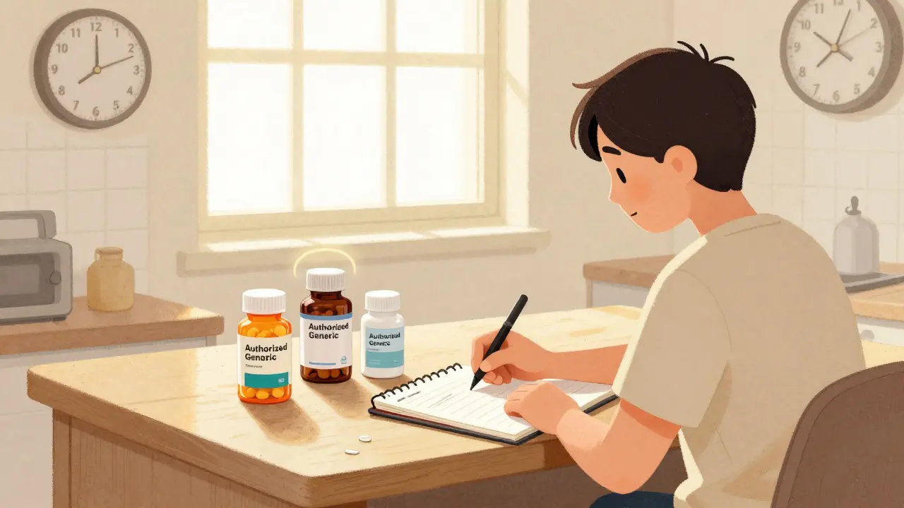 A patient writing in a notebook beside three pill bottles, sunlight highlighting the authorized generic.