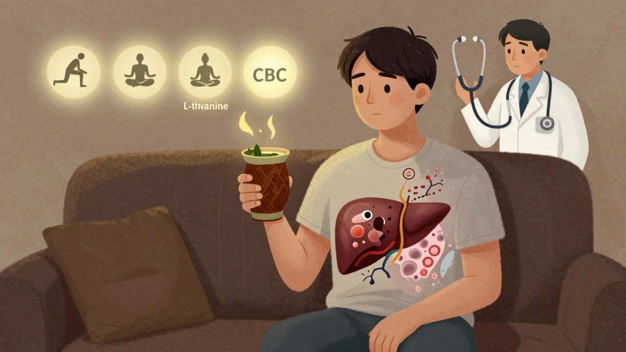 A person with transparent body revealing a failing liver, while safer alternatives glow nearby.