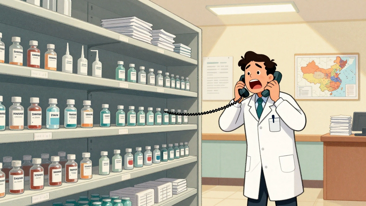 A pharmacist at a hospital pharmacy stares at empty shelves, calling suppliers as maps of China and India hang on the wall.