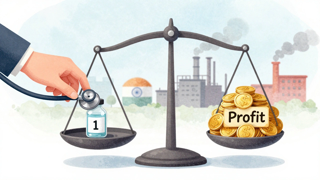 A scale balances a  medicine vial against gold coins, with a patient’s stethoscope tipping it toward care over profit.