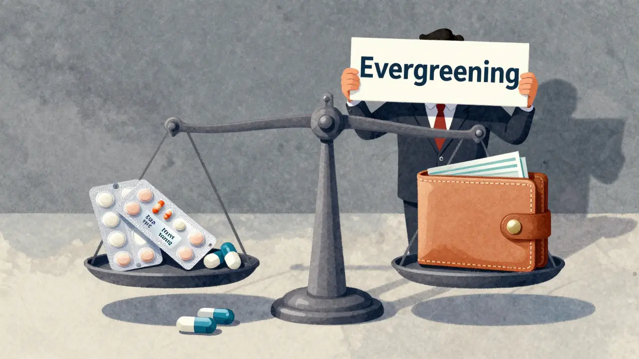 A scale balancing one combo pill against two generics, with a shadowy figure behind it holding a 'Evergreening' sign.