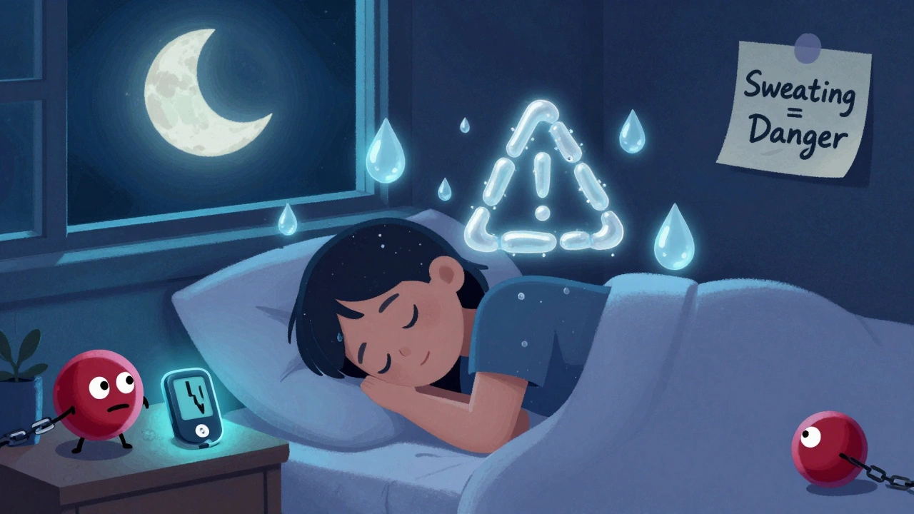 A sleeping person surrounded by sweat droplets signaling low blood sugar, with a glowing CGM monitor nearby.
