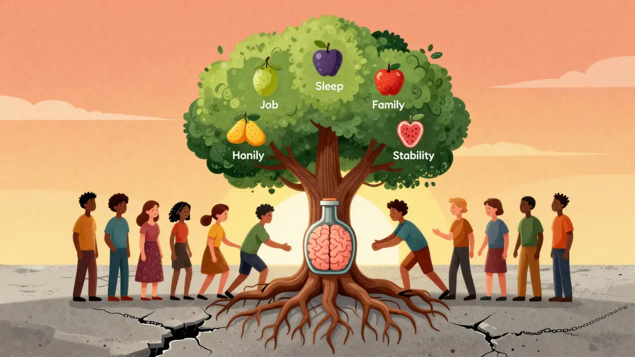 A thriving tree with brain and bottle roots, bearing fruits of recovery, as people nurture it under a sunrise, symbolizing integrated care success.