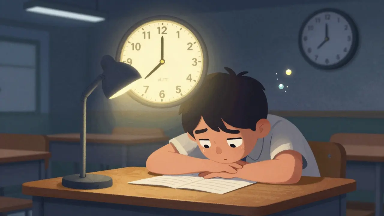 A tired teen in class with a biological clock showing 4 a.m. while the wall clock reads 8 a.m.