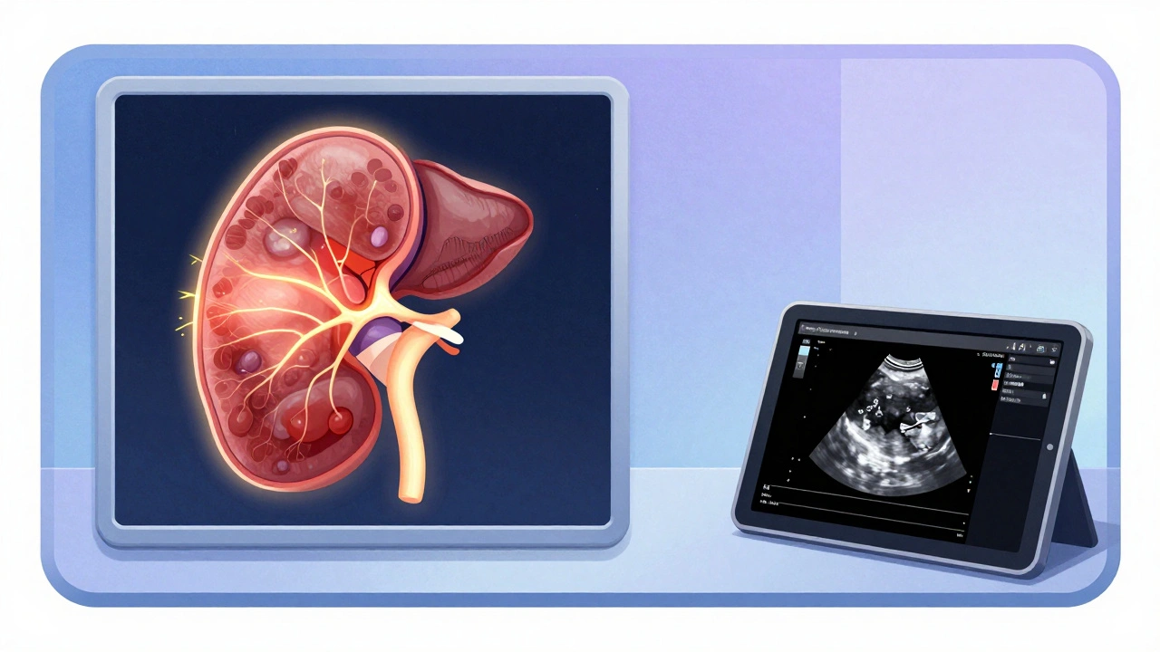 Advanced ultrasound tech showing elastography, blood vessel mapping, and AI analysis of kidney obstruction.