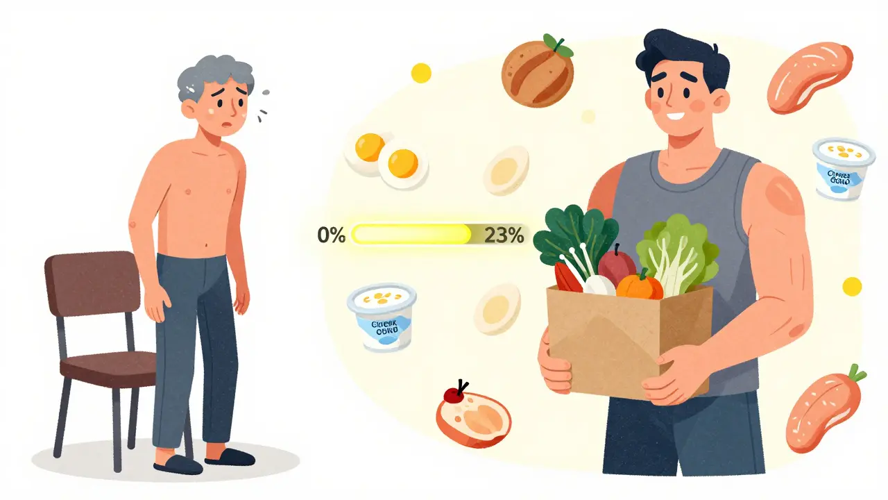 Before and after comparison of COPD patient: struggling to stand vs. carrying groceries with improved strength.
