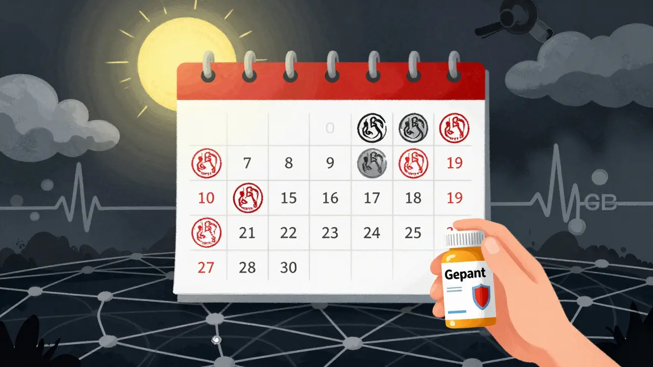 Calendar with 10 triptan days turning into worsening headaches, new treatment emerging above.