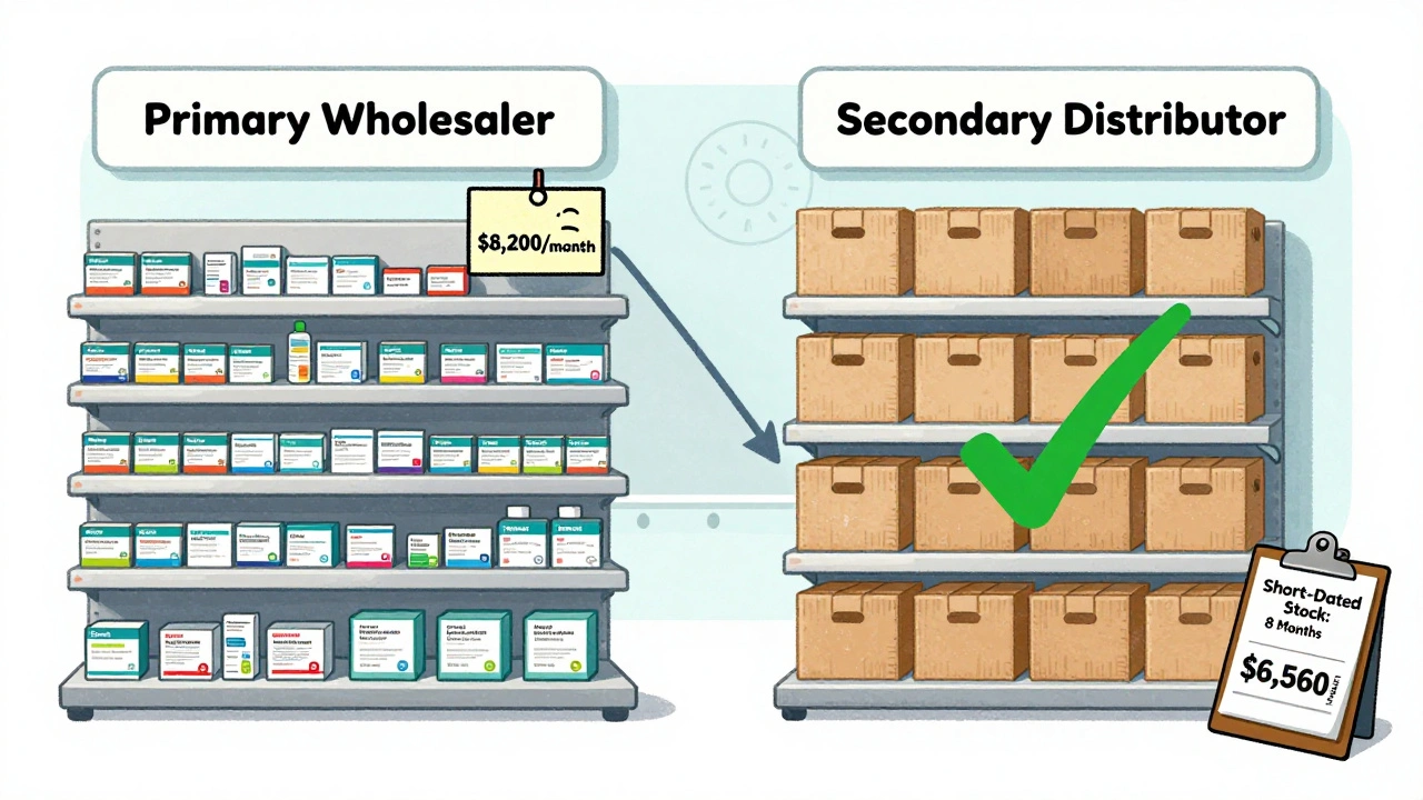 Cartoon comparison of two pharmacy shelves showing high vs. low drug costs with visual savings.