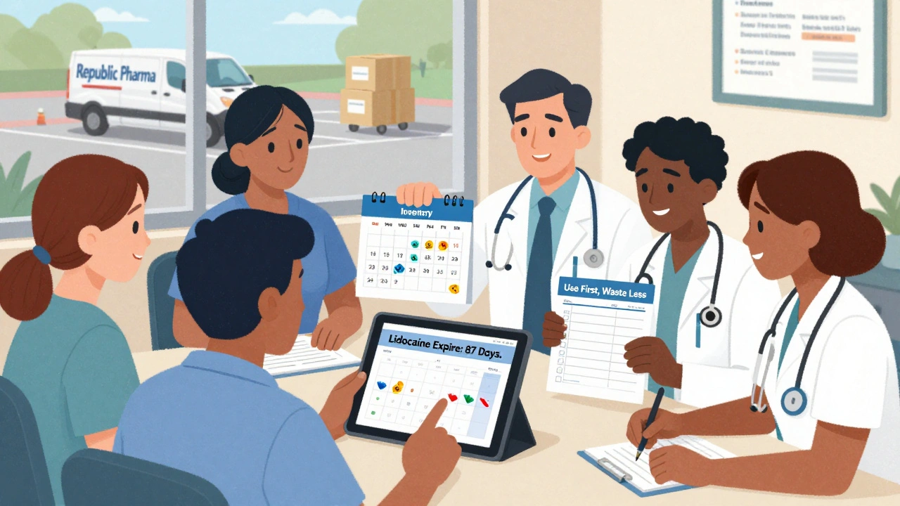 Clinic team reviewing inventory alerts on a tablet, using a simple spreadsheet to track expiration dates.