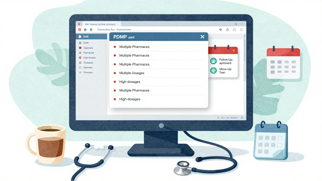 Clinician&#039;s computer screen showing a PDMP alert with prescription flags and upcoming appointments.