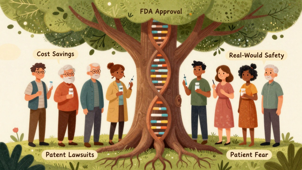 Diverse patients under a DNA-shaped tree, holding medications, with labels for safety, cost, and approval.