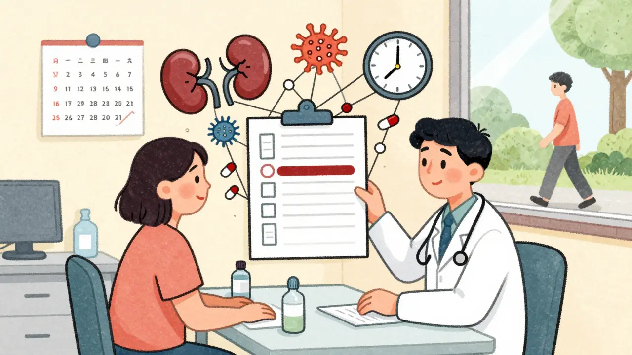 Doctor and patient reviewing blood test results with symbolic risks held back by pills and reminders.