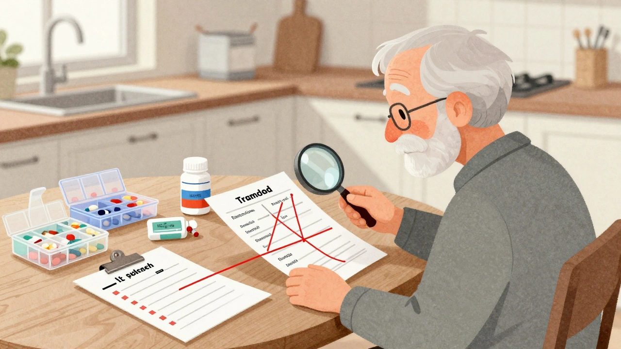 Elderly patient surrounded by pill organizers and pharmacist reviewing medication interactions.