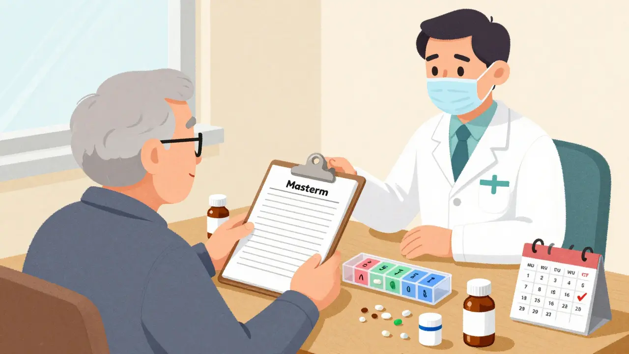 Elderly person reviewing medication list with pharmacist, pill organizer with color-coded tape, and naloxone bottle on table.