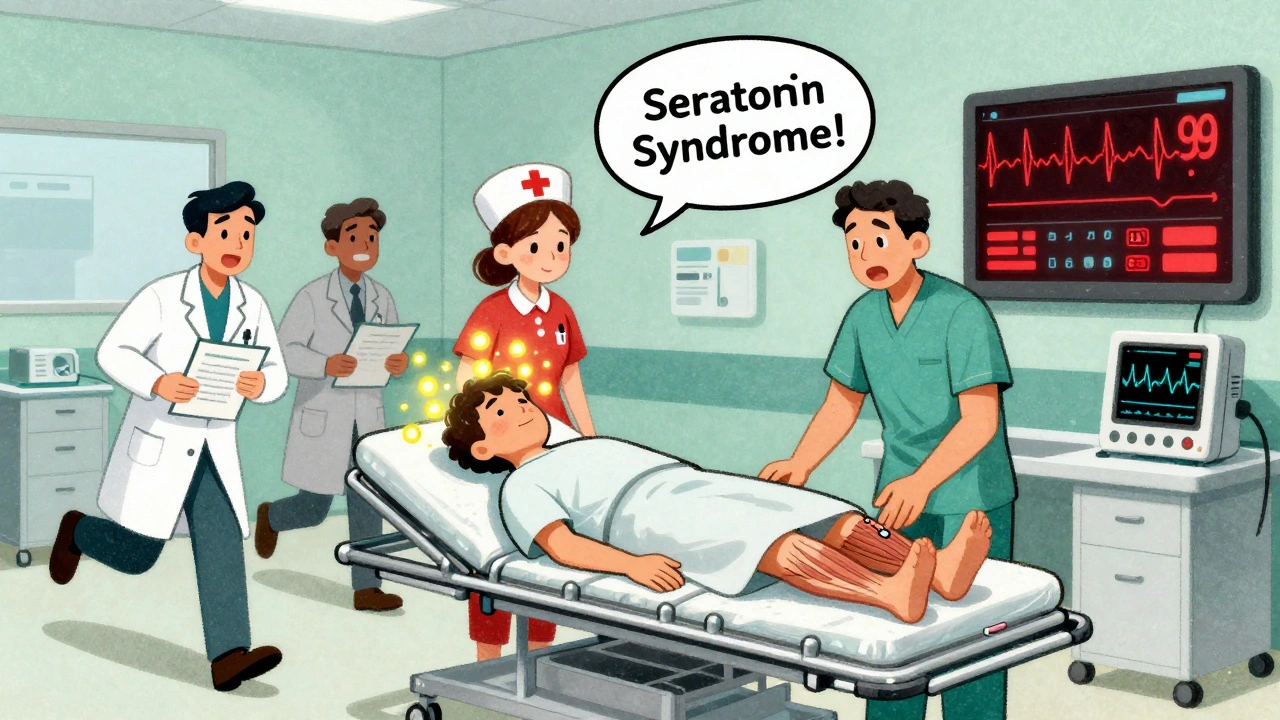 Emergency room patient with muscle spasms as serotonin particles swirl and medical staff respond urgently.
