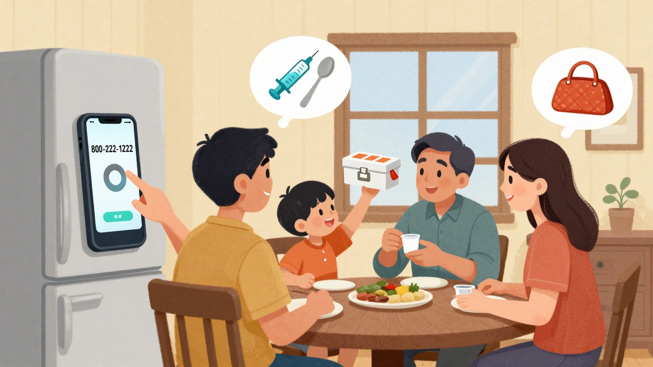 Family at dinner with Poison Help number visible on fridge and locked medicine box.