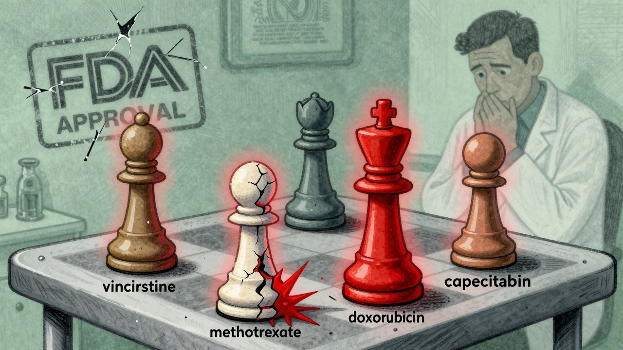 Four cancer drugs on a table like chess pieces, one leaking red spikes into a combo cocktail, pharmacist hesitating in background.