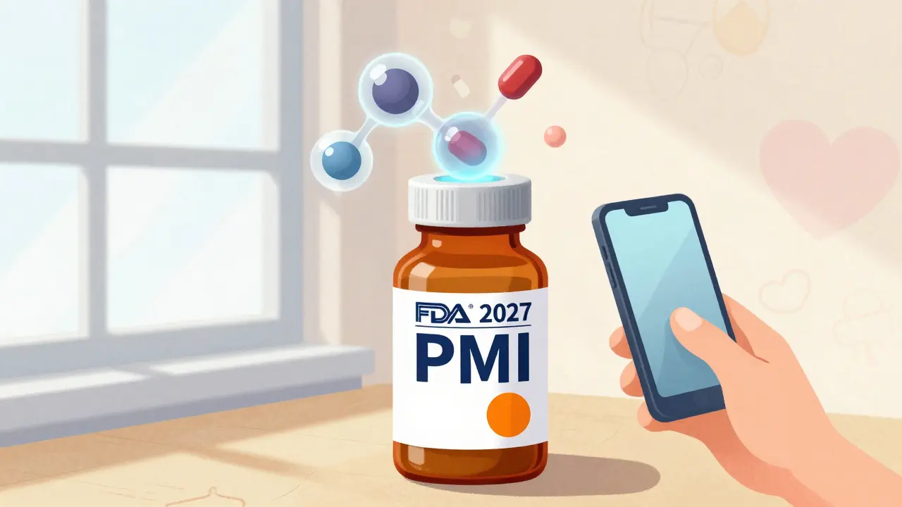 Futuristic pill bottle with AR animation above it, displaying clear FDA-standard text and an orange warning circle.