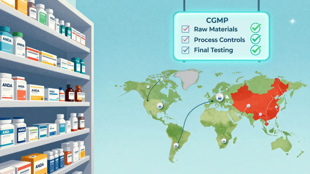 Global map showing FDA inspection paths from India and China to the U.S., with cGMP quality pillars glowing above.
